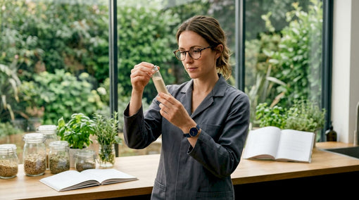 Scientist examining protein powder sample in lab