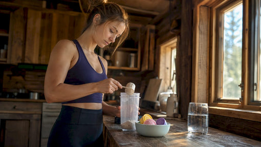 Woman preparing high-protein meal replacement shake