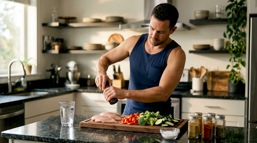 Man preparing protein meal in kitchen