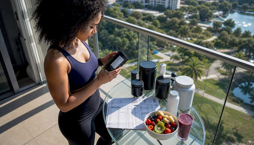 Nutritionist reviewing low-sugar protein supplements at home