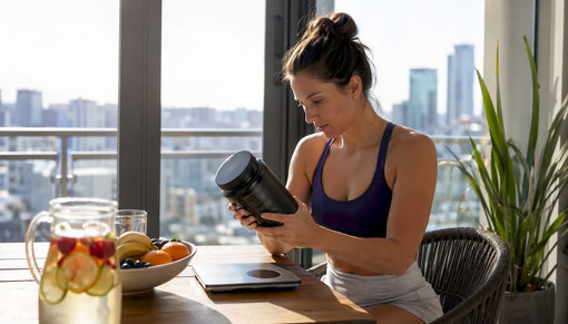 Woman reading protein supplement nutrition label at kitchen table