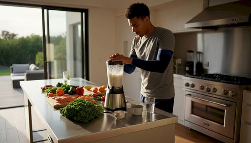 Athlete preparing protein shake in kitchen