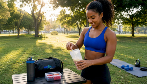 Fit black woman preparing layered protein powder shake in home gym