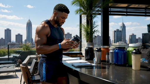 Black male athlete comparing supplement bottles