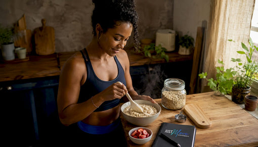Black woman adding protein powder to oatmeal in kitchen