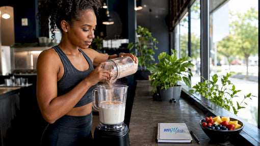 Black woman mixing protein powder in modern kitchen
