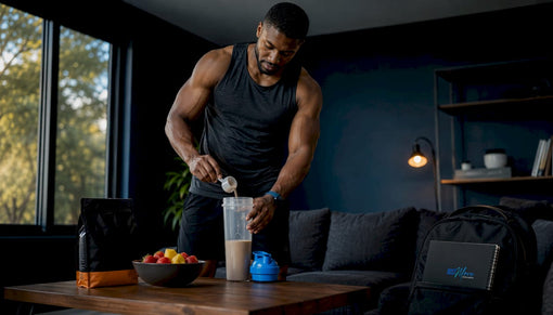 Black man preparing amino acid supplement in kitchen