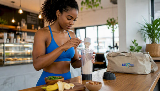 Black female athlete preparing protein shake