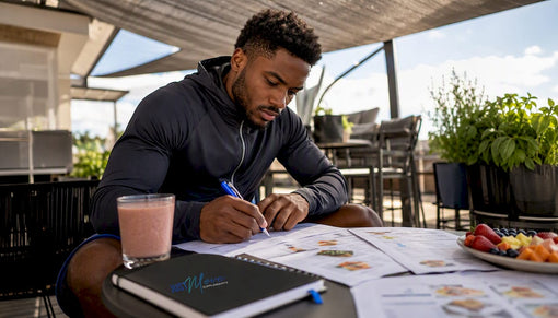 Black male athlete planning recovery meals at kitchen table