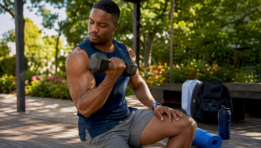 Fit black man lifting weights in gym