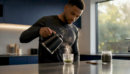 Pouring hot water over matcha powder in glass cup