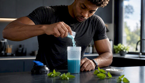 Athlete scooping clean energy supplement powder