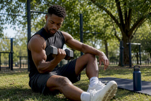 Fit Black man lowering dumbbell in biceps curl