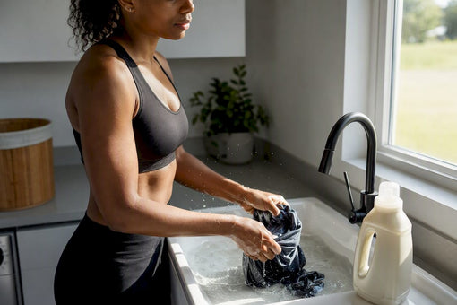 Fit Black woman hand-washing gym clothes