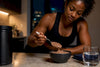Black athlete preparing bedtime protein pudding