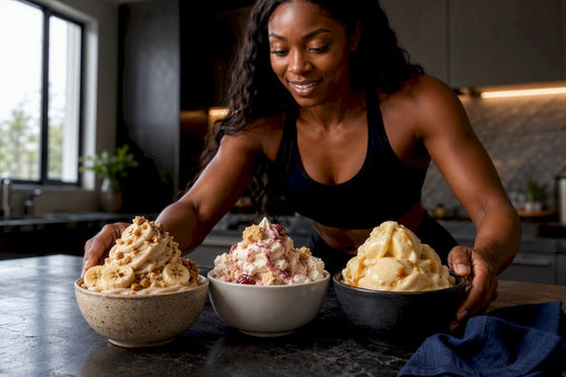 Black home cook presenting three protein ice creams