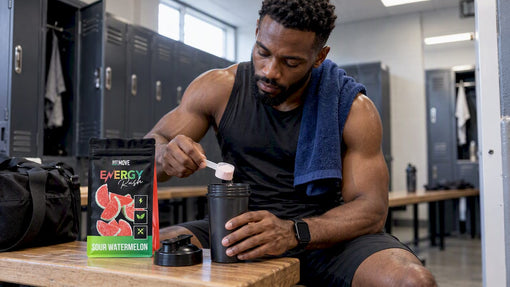Black athlete measuring half-scoop pre-workout dose
