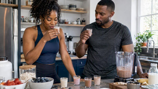 Black athletes comparing protein shake flavors