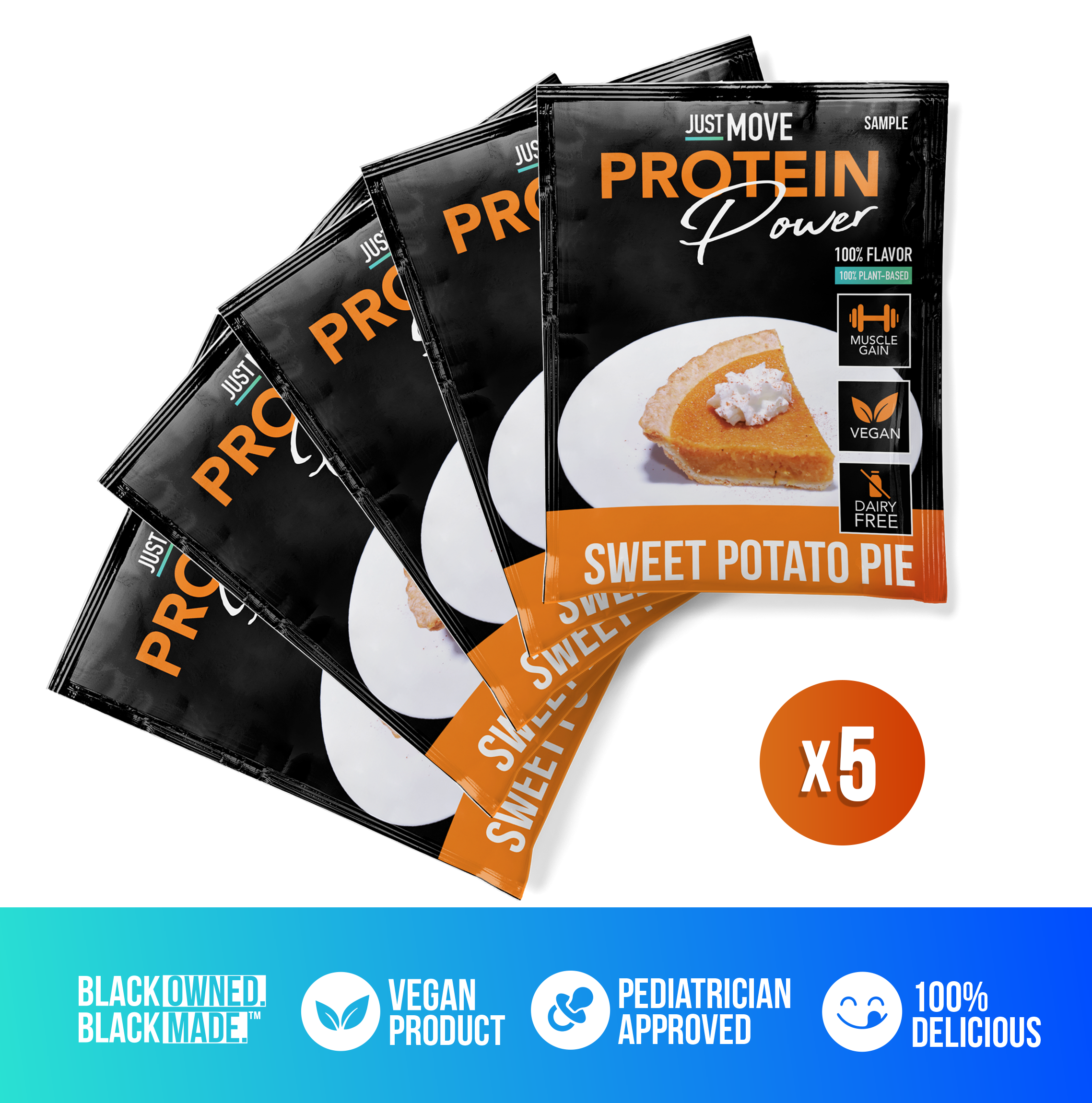 Assorted protein sample pack with five single-serving packets from Just Move Supplements for quick, convenient nutrition.