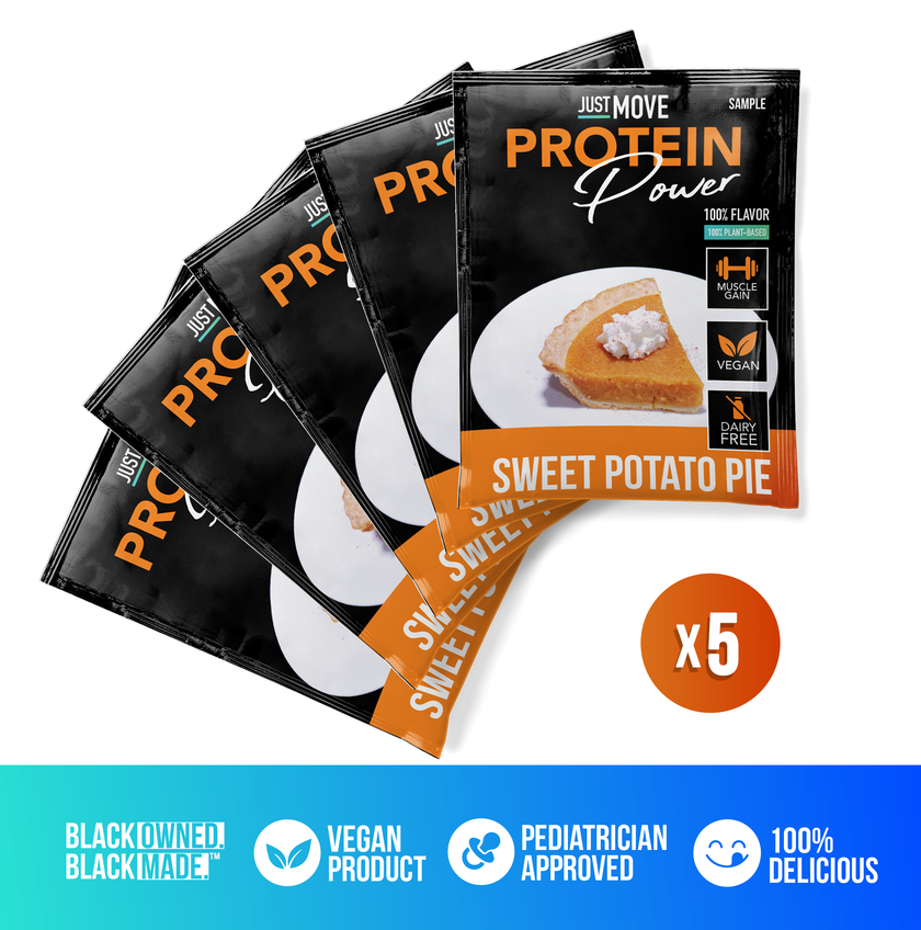 Assorted protein sample pack with five single-serving packets from Just Move Supplements for quick, convenient nutrition.