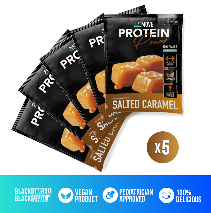 Assorted protein single serving sample pack from Just Move Supplements, featuring five individual protein packets on a white background.