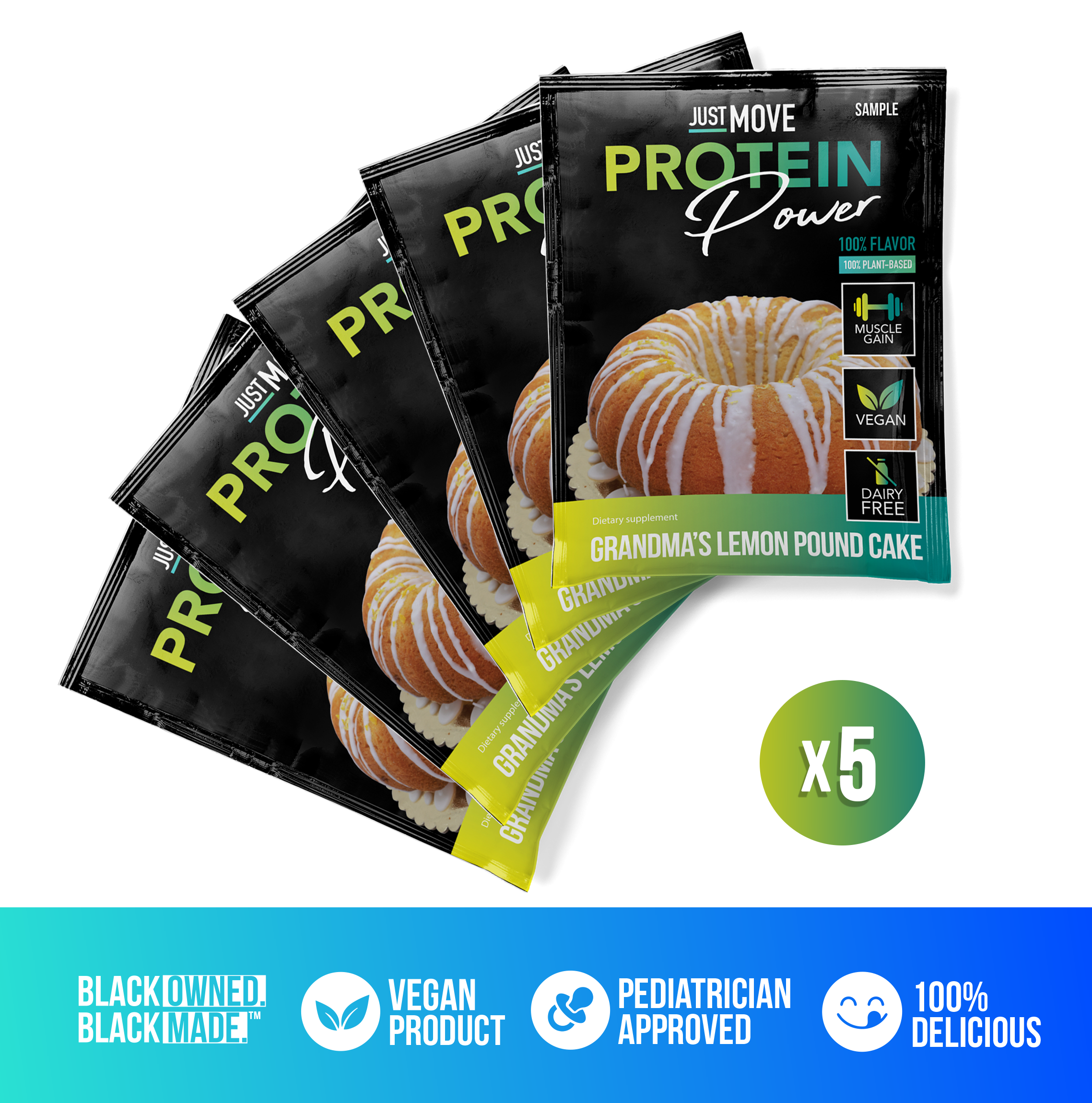 Just Move Supplements protein sample pack with five single-serving protein powder packets on a plain background.