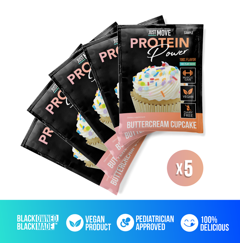 Assorted protein sample pack with five single-serving packets from Just Move Supplements, ideal for on-the-go nutrition.
