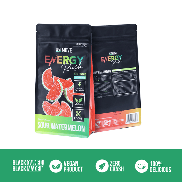 Sour Watermelon Energy Rush pre-workout supplement by Just Move, featuring a vibrant energy drink with sour watermelon flavor.